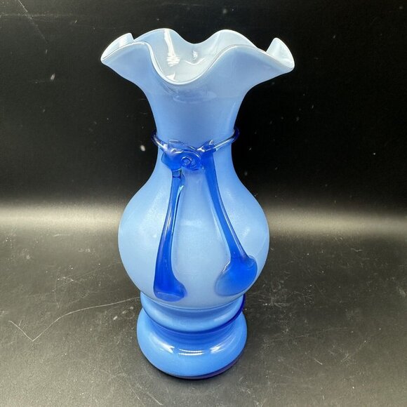 Blue White Overlay Ruffled Edge Vase Applied Glass Bow 8" Ombre Effect Rigaree - Picture 1 of 15